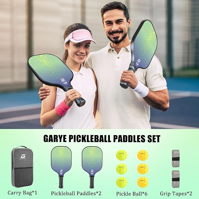 GARYE Pickleball Paddles Set of 2 or 4, USAPA Approved Carbon Fiber Pickleball Set, Lightweight Pickle Ball Rackets 2 Pack with 6 Balls, 1 Bag, Pair of Grip Tapes, Pickle Ball Paddle for Men and Women