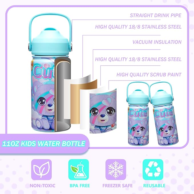 Kids Bento Lunch Box with 6 Compartments Girls Lunch Box with Lunch Bag,Stainless Steel Water Bottle,Ice Pack & Utensils Set,Birthday Gifts for Ages 3-12 Back to School Toddler Girls