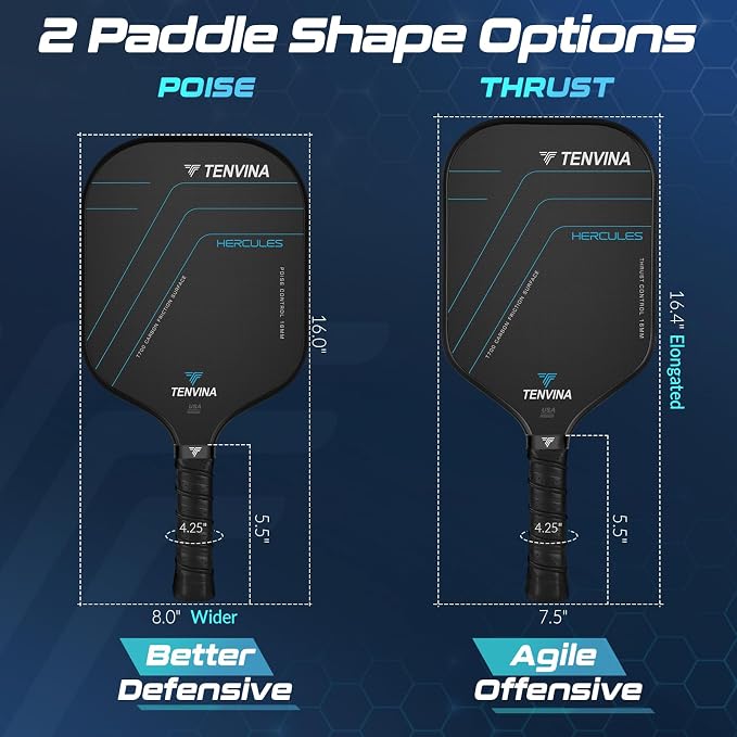 TENVINA Pickleball Paddles, Multi-Layer T700SC Textured Carbon Fiber Pickleball Paddle, Pickle Ball Paddle with Strong Spin & Power Surface, 4-Types of Shapes and Thicknesses, USAPA Approved