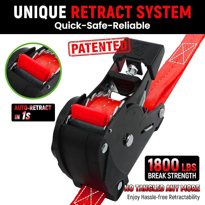 Retractable Ratchet Straps (Patented-2pack) - 1 inch x 10Feet (1,800lb Break Strength) Auto Self Retracting Tie Down Straps - Self Retractable Straps with Refletcive for Motorcyle, Truck or Cargo