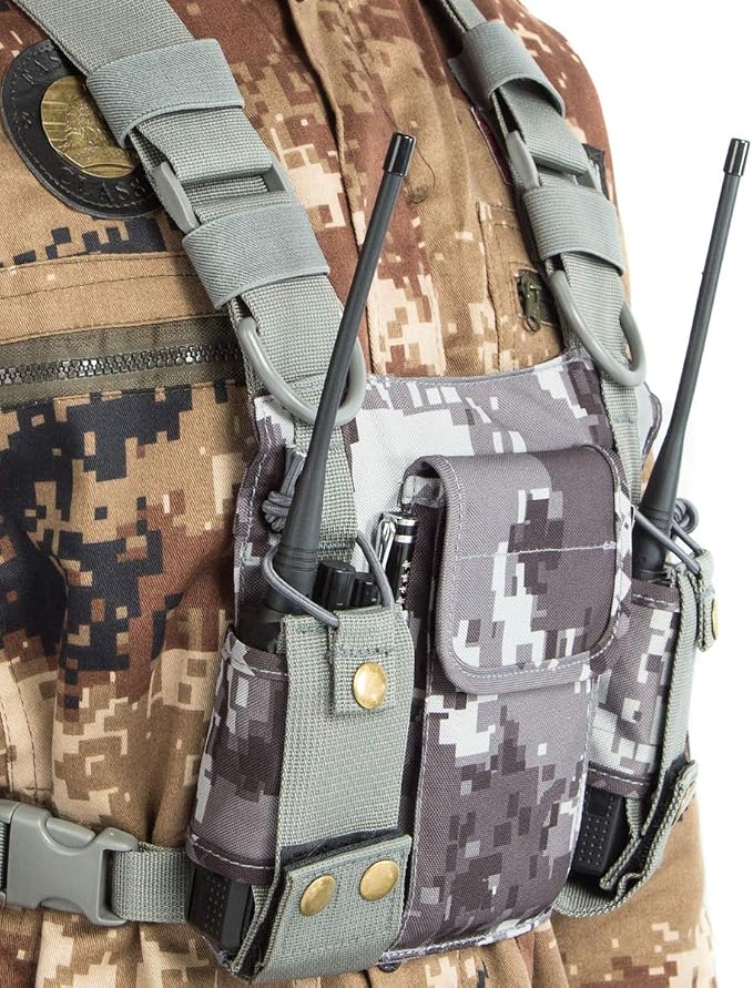 Radio Shoulder Holster Chest Harness Holder Vest Rig for Two Way Radio Chest Front Pack Pouch Walkie Talkie Case with Front Pouches for Kenwood Arcshell Retevis Baofeng UV-5R F8HP UV-82 888S(Camo)