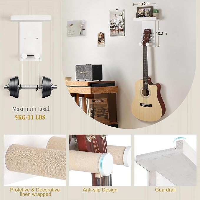 Keebofly Guitar Wall Mount Hangers with Rustic Wood Shelf - 2 Pack, Wall Stand Holder Hook Rack for Acoustic or Electric Guitar,Ukulele,Bass,White,[Patented]
