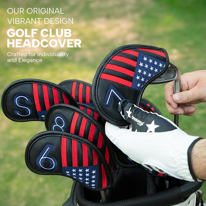 Magnetic Golf Iron Covers Premium Leather Iron and Wedge Golf Club Head Covers - Set of 10 Fits Most Clubs USA American Flag Head Cover Set Headcovers for Irons