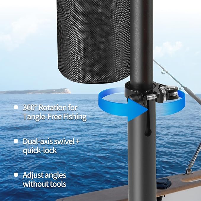 Inshore Rod Holder for Boat, Adjustable Height & 360° Tangle-Free Rotation Gunnels, Aluminum, Includes Cup & Gear Pouch (4 Rod Holder)
