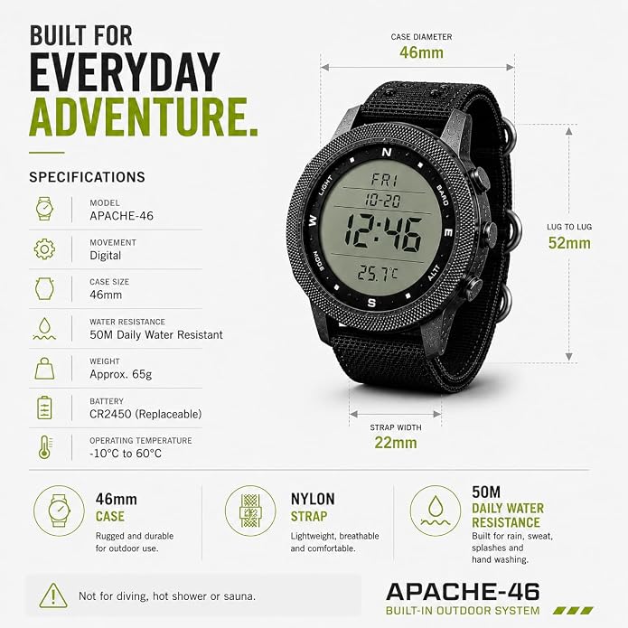 NORTH EDGE Apache Men’s Digital Tactical Watch, Outdoor Sports Watch with Compass, Altimeter, Barometer, Pedometer, Weather Trend, EL Backlight, 50M Water Resistant Hiking Watch