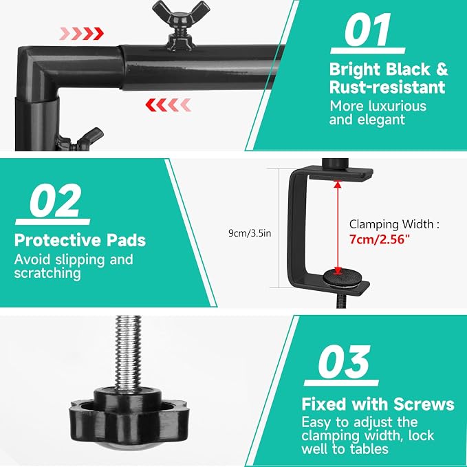 Over The Table Rod Stand with Clamps Adjustable 30"-43" Tall 47"-98" Length Black Table Arch Hanging for Wedding Birthday Party Halloween Christmas