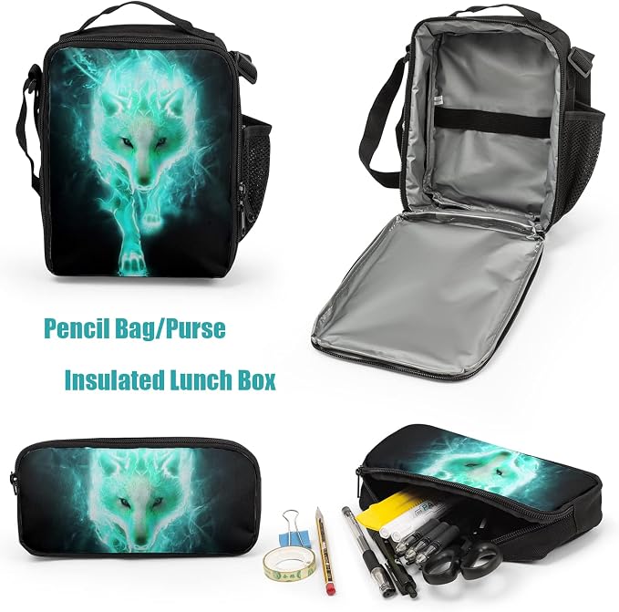 Giwawa Cyan Wolf Backpack 3-Piece Set, Cool Wilderness Animal Pattern Bookbag Lunch Bag Stationery Holder Case for School College Students Daily Essentials Camping Trips Outdoor Travel