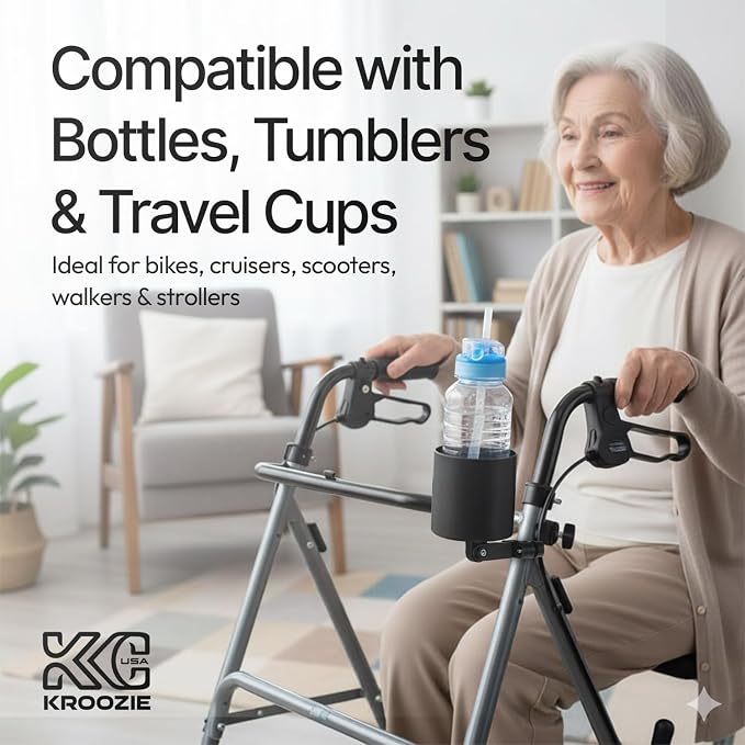 Kroozie Deluxe Bike Bottle Holder – Universal, Stainless Steel Bike Cup Holder for Handlebars – For Vertical or Angled Bars & Drinks up to 48 Oz. – Stroller, Cruiser, & Ebike Accessories