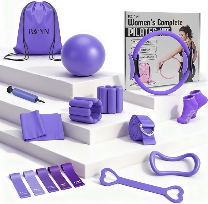 Pilates Kit for Women – 16 Pcs Home Pilates Equipment Set with Magic Circle Ring, Ball, 5 Resistance Bands, Yoga Strap, Ankle Weights, Grip Socks & More | Pilates Starter Kit