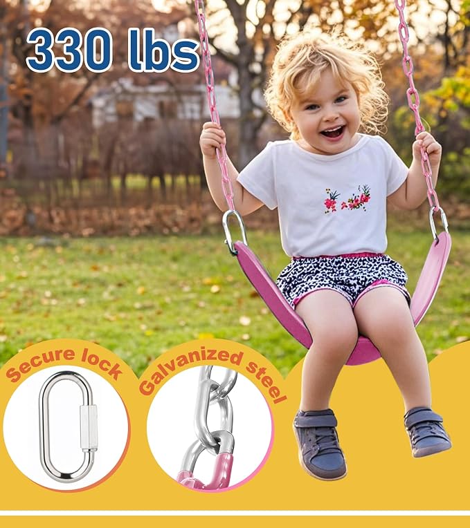 2 Pack Heavy Duty Swing Seats with 66" Rust-Resistant Chains, Swing Set Accessories Replacement with Quick Links, Kids Swings Supports 330 lbs for Outdoor Playground Trees, Pink