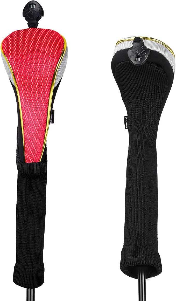 Andux 2Pcs/Set Long Neck Gold Golf Hybrids Club Head Covers with Dial No. Tag MT/HY13