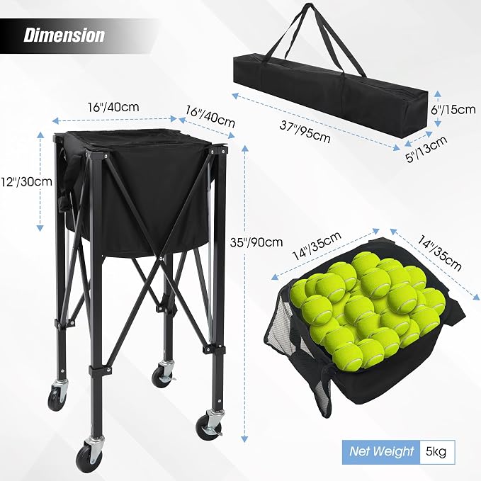 Portable Tennis Ball Hopper Holds 180 Balls, Tennis Ball Basket Cart with 4 Wheels & Brakes, Detachable Oxford Fabric Bag for Tennis and Pickleball Training, Black