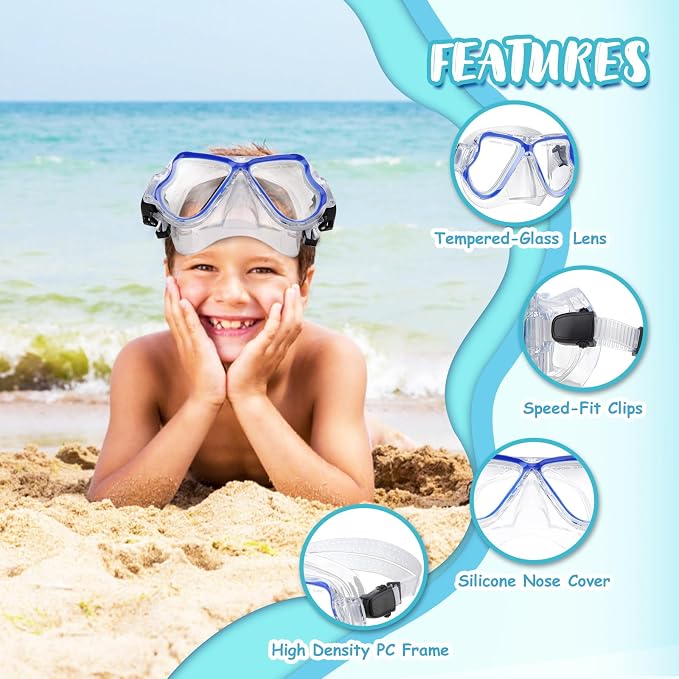 Snorkeling Gear for Kids, 4 in 1 Child Mask Fins Snorkel Set with Panoramic View Anti Fog Mask, Dry Top Snorkel, Trek Fins and Travel Bag, Kids Snorkeling Set with Fins for Snorkeling Swimming
