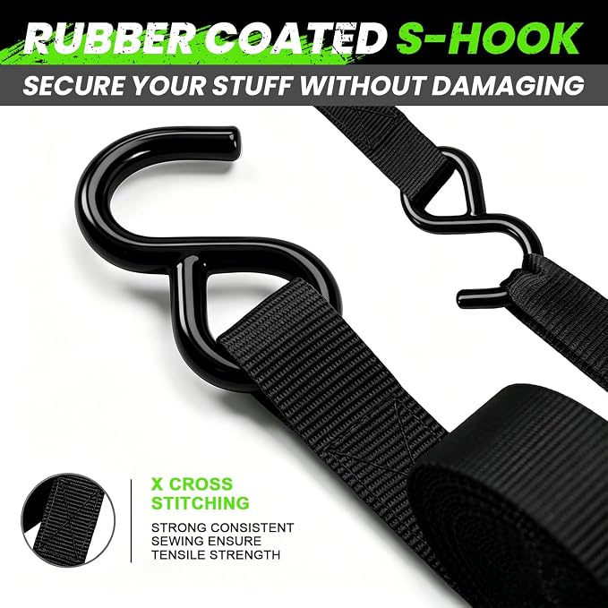 Ratchet Straps Medium Duty 4 Pack -1 Inch x 15 Feet (1,823LB Break Strength)- Motorcycle Tie Down Straps -Soft Loops with Bungee Cords- Ratchet Tie Down Set for Powersports, Motorcycle or Moving Cargo