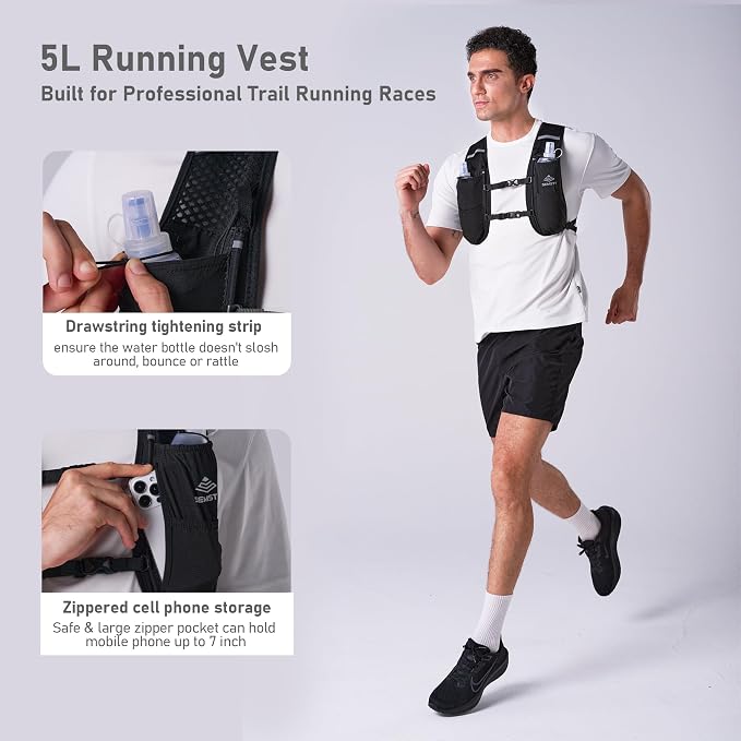 Running Vest for Women Men, 5L Hydration Vest with Dual 500ml Soft Flask, Lightweight Water Backpack, Adjustable Chest Straps Running Hydration Backpack for Running Cycling Hiking