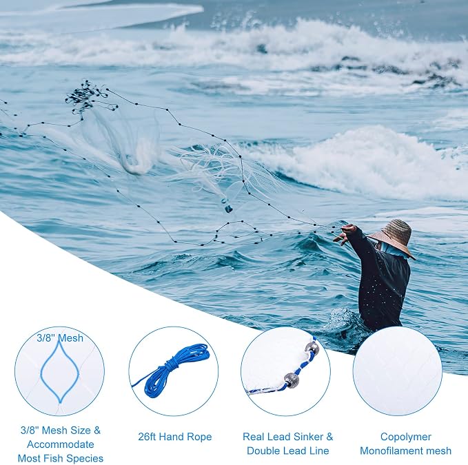 Goture American Fishing Cast Net,Casting Nets Freshwater Saltwater for Bait Fish Shrimp Trap 3ft/4ft/6ft/7ft/8ft/10ft/12ft Radius 1/4 3/8inch Mesh Size,Throw Fishing Castnet with Needle Shuttle