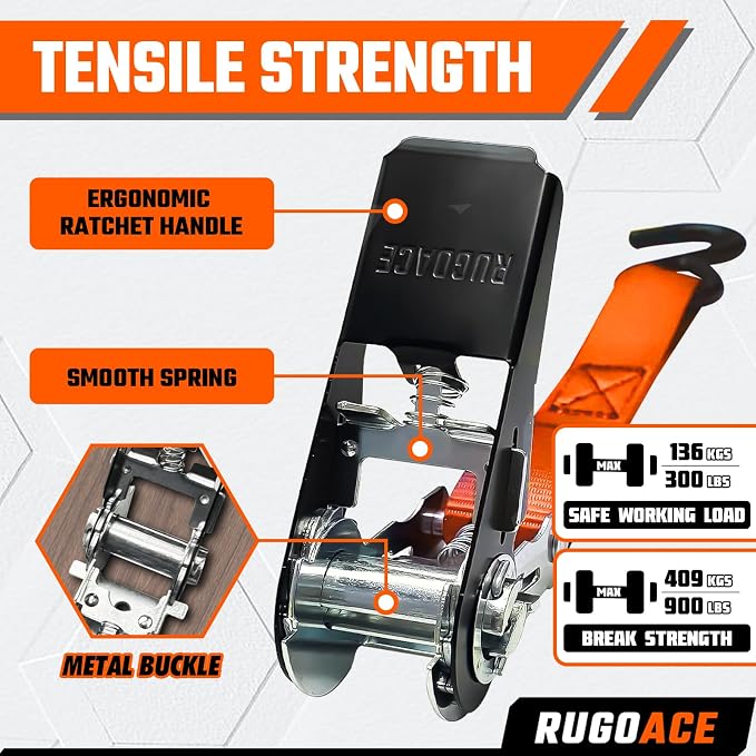 8PK Ratchet Tie Down Straps 1" x 10ft, 300lbs Load Capacity, 900lbs Break Strength, Durable for Moving Appliances, Lawn Equipment, Motorcycles, Cargo Trucks, Trailers & More (Orange)