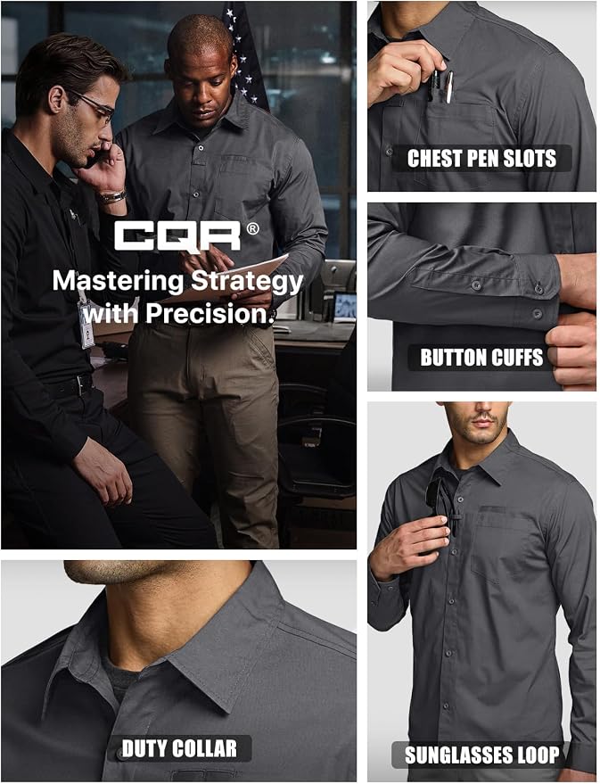 CQR Men's Long Sleeve Tactical Shirts, Ripstop Military Work Shirts, UPF 50+ Breathable Button Down Outdoor Hiking Shirt