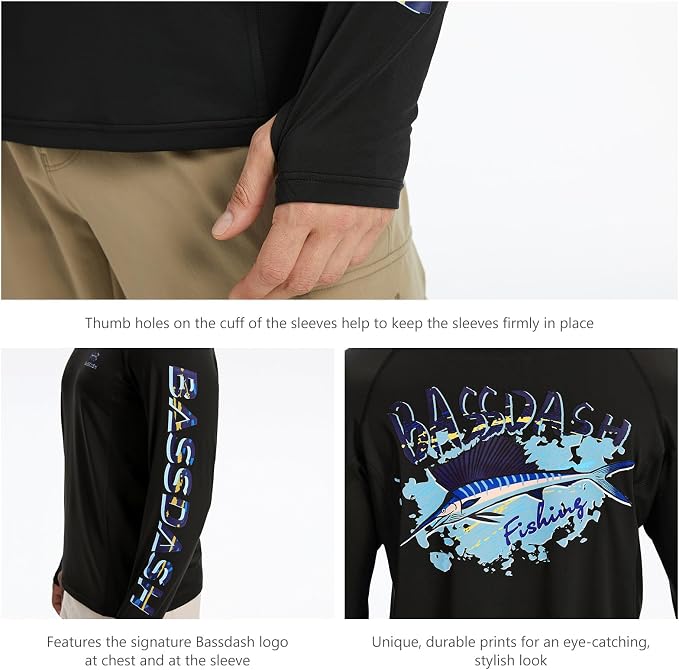 BASSDASH Men’s UPF 50+ Graphic Fishing Hoodie Shirts UV Sun Protection Long Sleeve Moisture Wicking Performance FS48M