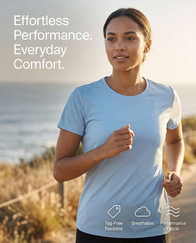 Real Essentials 5 Pack: Women's Short Sleeve T-Shirts Workout Tops Fitness Pilates Gym Activewear Athletic (Plus Available)