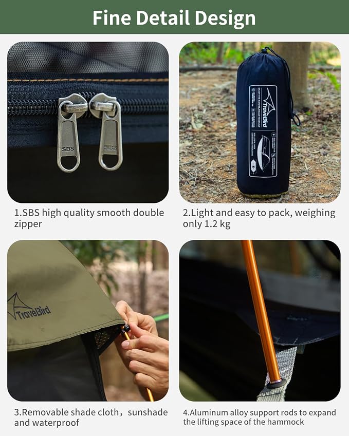 Camping Hammock Tent with Mosquito Net and Removable Sunshade, 4 in 1 Function, Lightweight Hanging Hammocks Tree Straps Swing, Bivvy Ground Tent for Outside, Hiking, and Travel