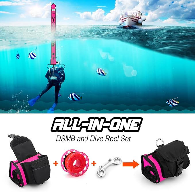 Surface Marker Buoy Scuba with Reel, 5ft High Visibility Diving Open Bottom Signal Tube Safety Sausage with Pouch Bag, 100ft ABS Dive Reel and Steel Double-Ended Bolt Snap (Hi-Vi Pink)