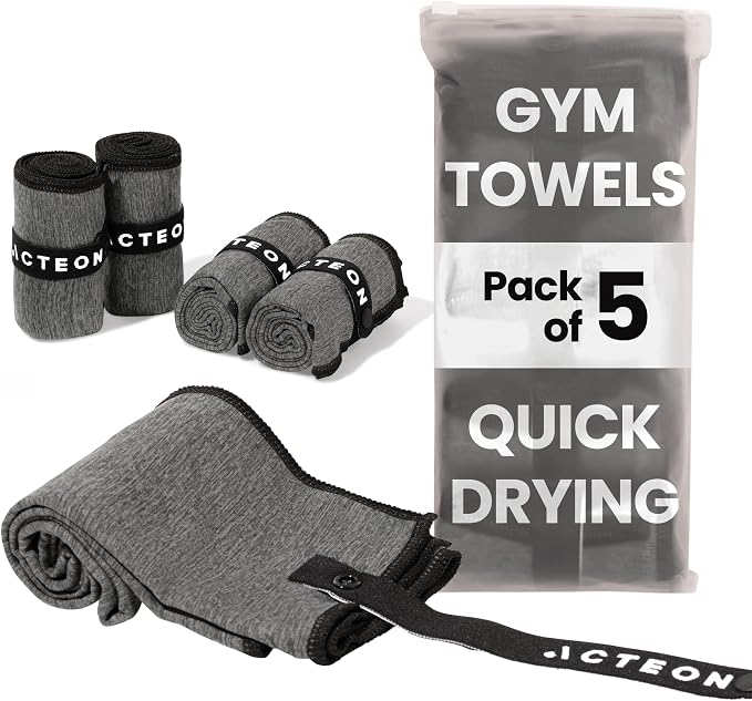 Acteon Microfiber Quick Dry Gym Towel 5 Pack, Silver ION Odor-Free Absorbent Fiber, Fast Drying, Men & Women Workout Gear for Body Sweat, Working Out, Towels Charcoal Grey
