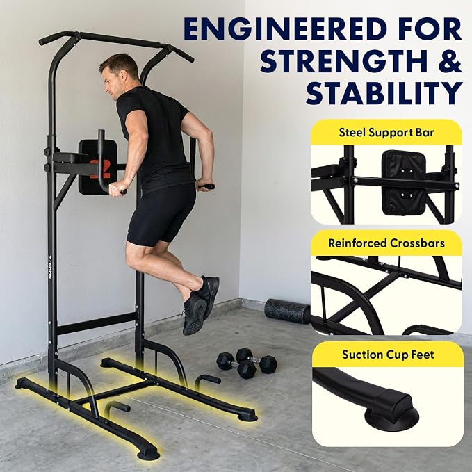 SQUATZ Power Tower Pull Up Station with Free Standing Pull Up Bar, Multi-Grip Workout Frame with 6 Adjustable Heights, H-Base Stability, Steel Construction, 330 lb Capacity for Home Gym, Black