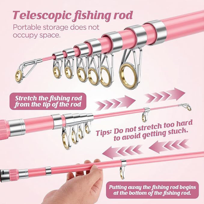 Telescopic Fishing Rod Reel Combo Pink Fishing Gear for Girls Women Men | 6.89FT Portable Collapsible Spinning Pole with Smooth Reel Lures Tackle Box Kit Travel Bag Saltwater Freshwater Angling Gift