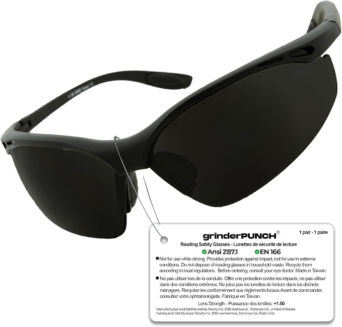 grinderPUNCH Full Lens Magnification Safety Glasses Readers ANSI Z87 Impact Resistant Diopter Magnifying Reading Glasses