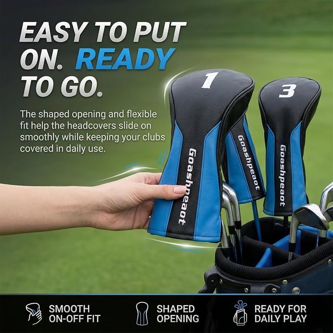 Premium PU Leather Golf Head Covers, Golf Club Headcovers for Driver Fairway Wood Hybrid, Protective PU Leather Wood Covers with Number Tags and Soft Lining
