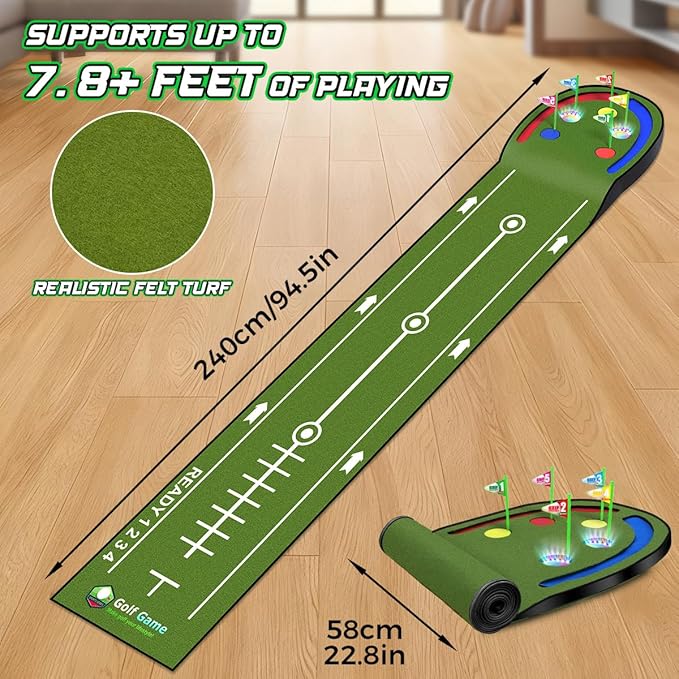 TERRAMUS Upgraded Golf Putting Mat for Kids, Putting Green with LED Light up Holes, Glowing Balls, 2 Clubs, Toy Golf Set, Golfing Mats Indoor Outdoor, Sport Game Golf Gift for for Kids Teens Family