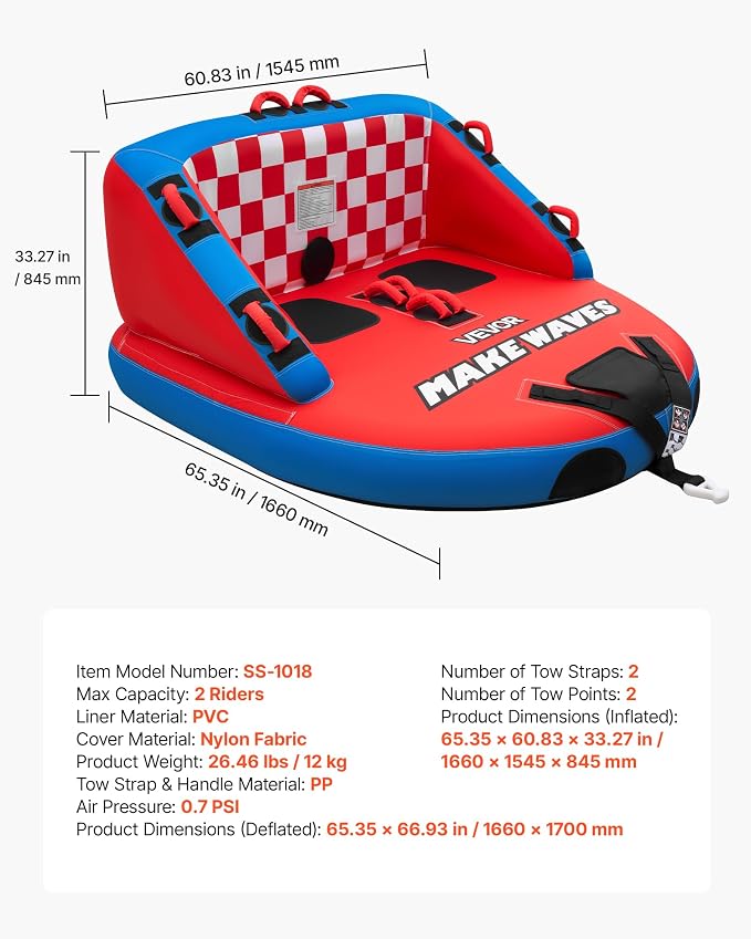 VEVOR Towable Tubes for Boating, 2-Rider Inflatable Towable Tube for Boat to Pull, 340 lbs Capacity Water Sports Boating Tubes - with Full Nylon Cover, Dual Tow Points, Safety Valve & Padded Handles