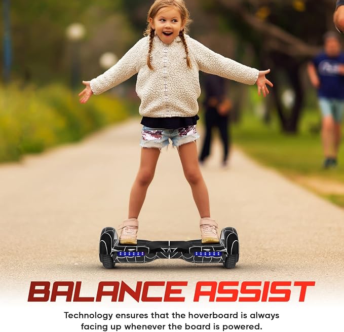 Spider-Pattern Hoverboard for Kids Ages 6-12, with Bluetooth Speaker and LED Lights 6.5" Hover Board, UL2272 Safety Certified (Black)