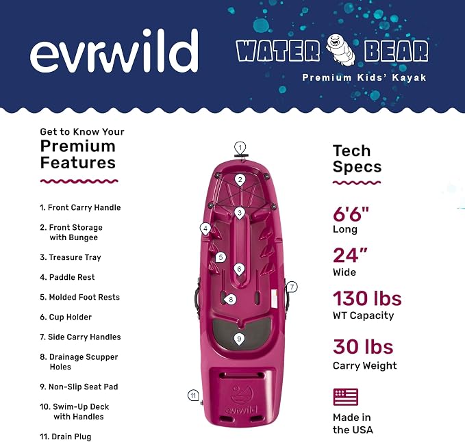 Evrwild Kids 6.5ft Kayak with Paddle, Lightweight Premium & Stable, 3-Level Footrest, Sit On Top for Youth to Teen Up to 130lbs