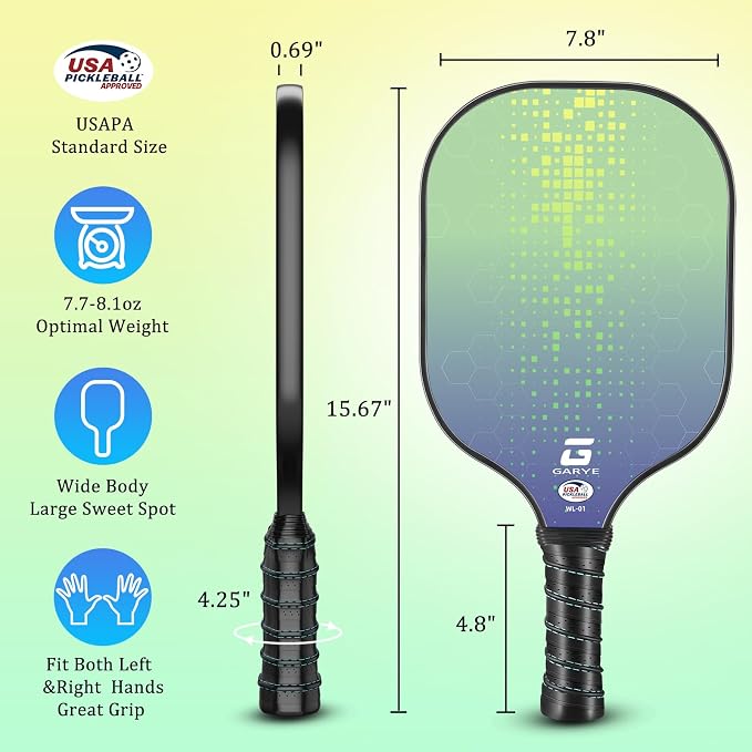 GARYE Pickleball Paddles Set of 2 or 4, USAPA Approved Carbon Fiber Pickleball Set, Lightweight Pickle Ball Rackets 2 Pack with 6 Balls, 1 Bag, Pair of Grip Tapes, Pickle Ball Paddle for Men and Women