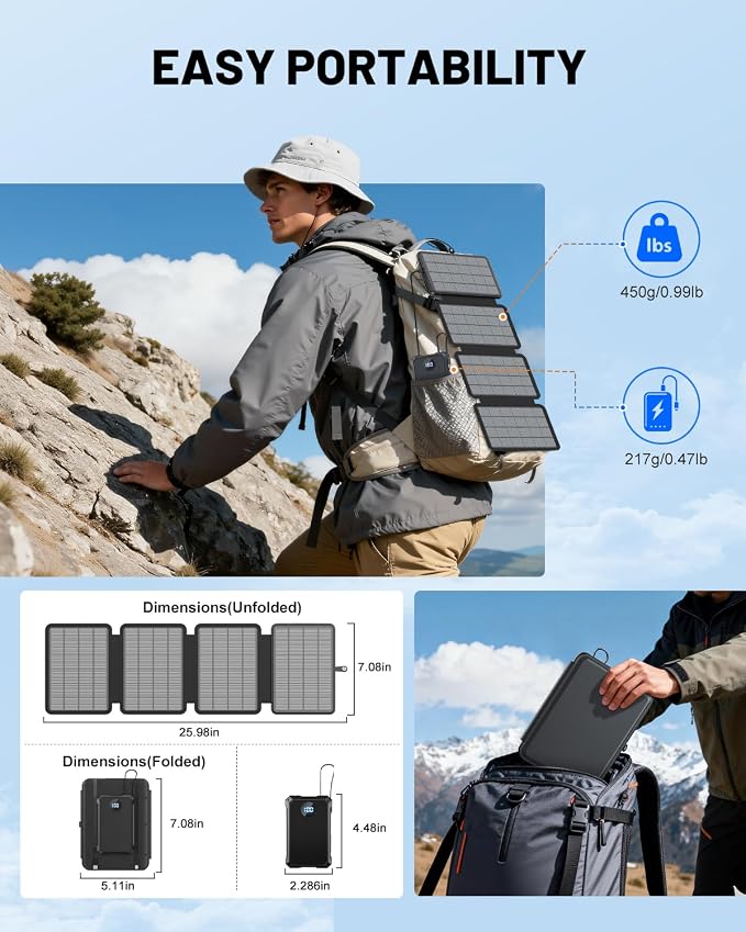 Solar Power Bank 10000mAh with 4 Panel Foldable Solar Charger,Portable Charger with 3 Built-in Cables, 15W Wireless Charging, USB-C in/Outputs, Emergency Flashlight for Outdoor Camping Hiking