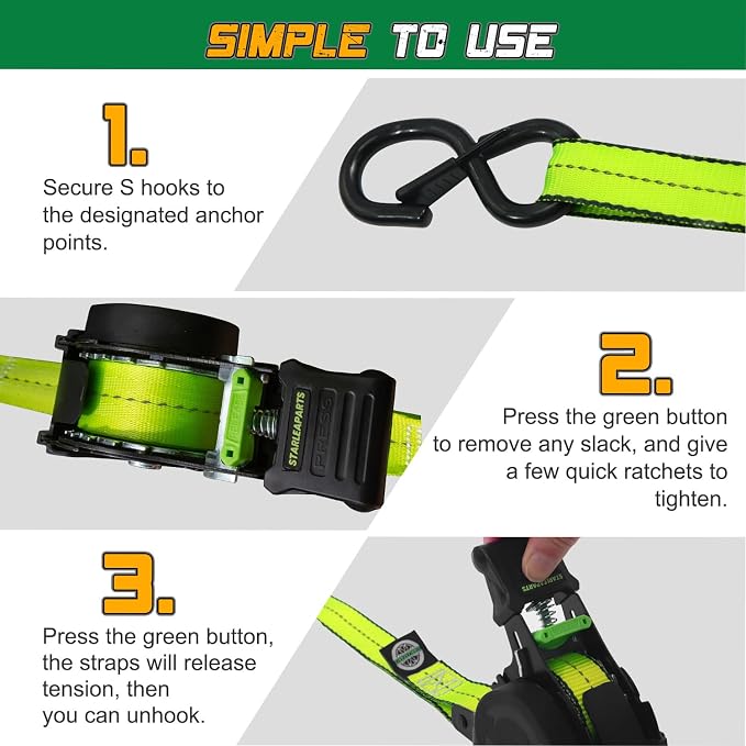 STARLEAPARTS Retractable Ratchet Straps(2PK 1.0INX12FT) - 1,500lb Break Strength, Ratchet Strap Heavy Duty with Rubber Coated Handle, Perfect Auto Ratchet Straps for Motorcycle, Kayak and Trucks