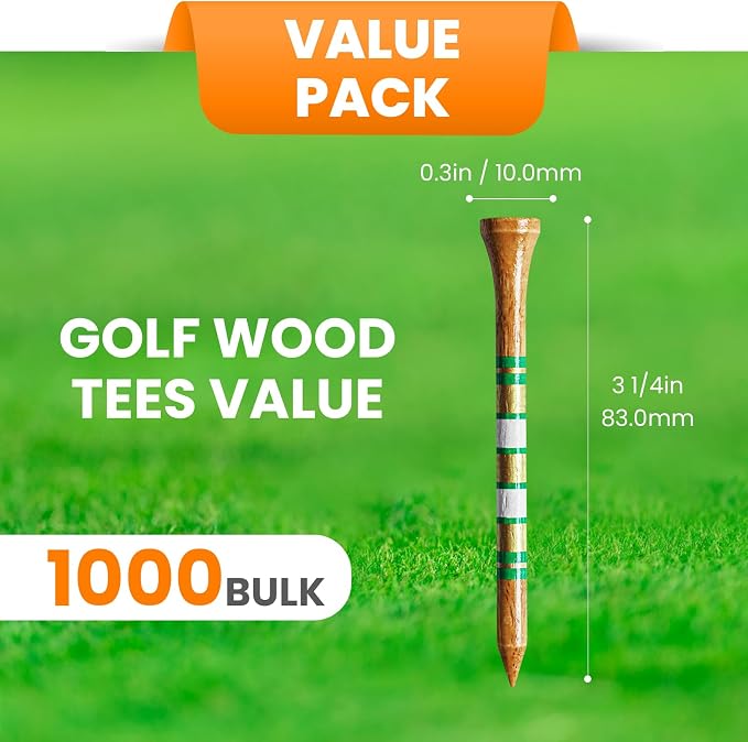 Golf Tees Wood 3 1/4 2 3/4 Inch Value 500/1000 Pack with Bright Colors & Consistent Height, High Visibility with Gold Stripes for Course Practice