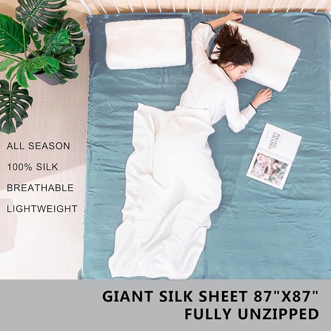 100% Silk Sleep Sack with Zippers on 3 Sides, 87”x43” Large Sleeping Liners for Hotels, Travel & Camping, Multifunctional Travel Sheets (Unzipped:87”x87”) for Adults, Lightweight, All Seasons