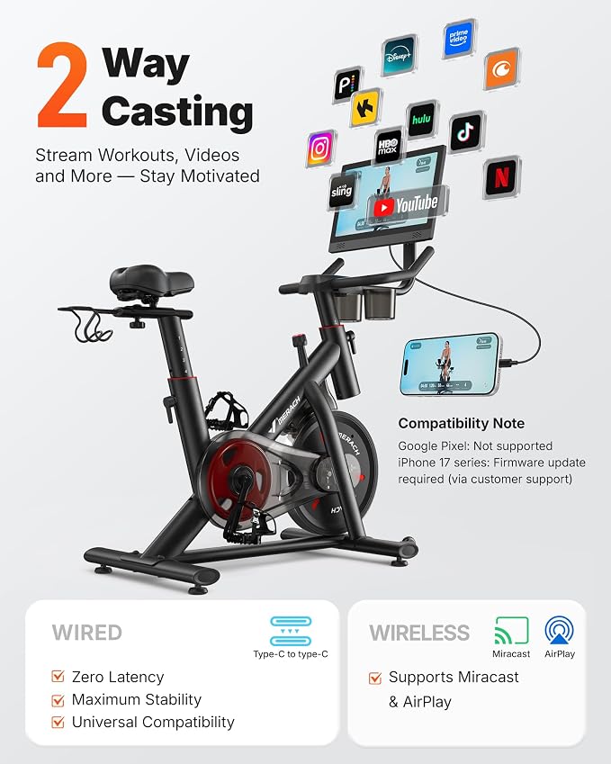 Merach Exercise Bike, Magnetic Friction Stationary Bike with Brake Pad and Exclusive App, Low Noise Indoor Cycling Bike with 300lbs Weight Capacity, Tablet Mount and Fitness Courses for Weight Loss