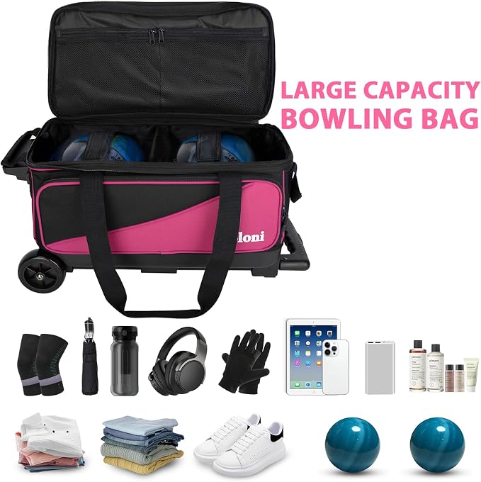 Goloni 3 Ball Bowling Bag with Wheels, 2+1 Double Roller Bowling Bag with Shoe Compartment,Tote Bag for Bowling Accessories