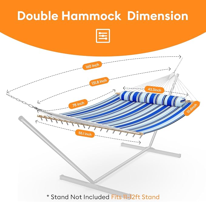 Everyfun Double Hammock with Spreader Bar,Soft Pillow,Max Load 500lbs,Portable Hammock for Outdoor,Camping,and Backyard,Blue