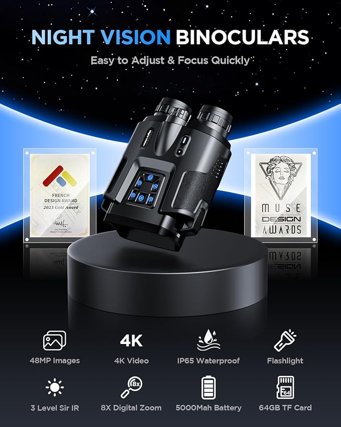 Diyimin 4K Night Vision Binoculars–8X Zoom/2000FT IR/5000mAh, 3'' HD Screen Night Vision Goggles for Adults mit 64GB TF Card, IP65 Waterproof & Tactical Light for Hunting,Camping & Security
