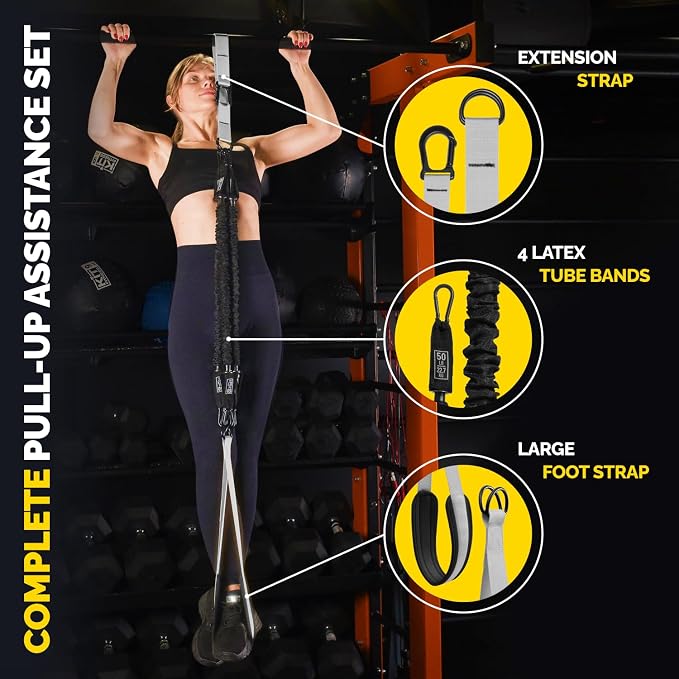 Pull Up Assistance Bands - 4 Heavy Duty Pull Up Bands with Adjustable Strap and Foot Rest - Stackable Pull Up Assist Band Set for Pull Up Bar - Resistance Bands for Pull Ups Chin Ups Strength Training