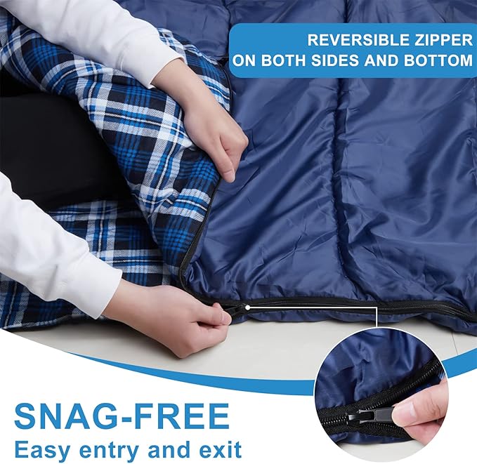 Cotton Flannel Double Sleeping Bag for Camping, Backpacking Or Hiking. Queen Size 2 Person Waterproof Sleeping Bag for Adults Or Teens. Lightweight with Compression Sack