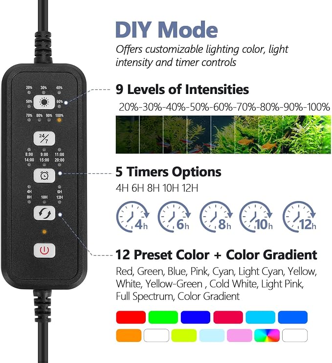 hygger Small LED Aquarium Light 24/7 Cycle Fish Tank Light with Timer Adjustable Brightness 12 Colors Full Spectrum Aquarium Lamp for 19-24 in Freshwater Plant IP68 Waterproof