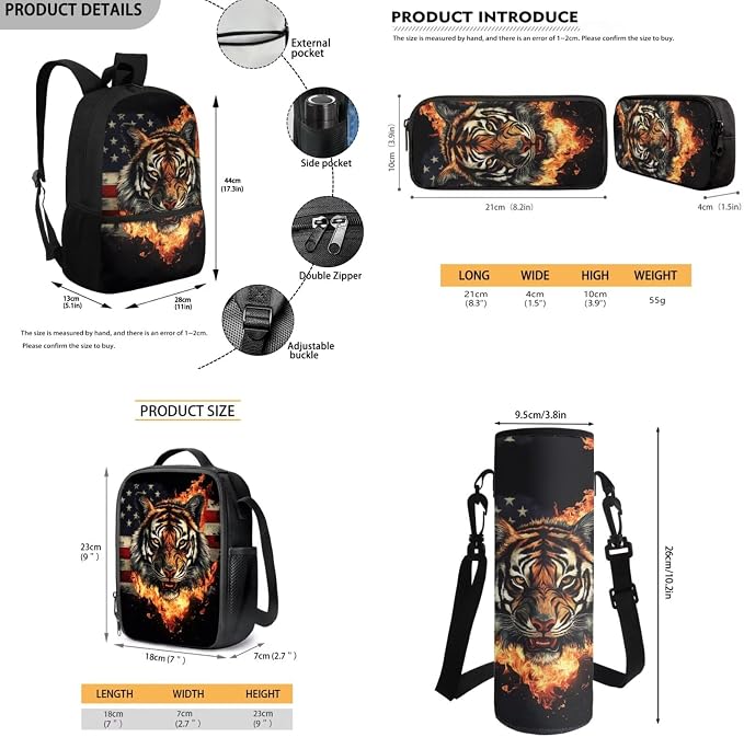 Fire Tiger Backpack for Kids Girls School Bag with with Lunch Box Water Bottle Set Pencil Case Casual American Flag Daypack for Hiking Travel Elementary Bagpack Back to School Supplies