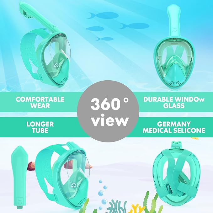 Kids Snorkel Mask Full Face, Snorkeling Gear for Kids with Camera Mount, 180 Degree Panoramic View Snorkeling Set Anti-Fog Anti-Leak