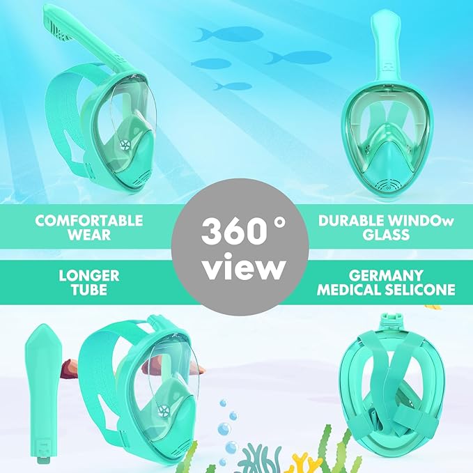 Kids Snorkel Mask Full Face, Snorkeling Gear for Kids with Camera Mount, 180 Degree Panoramic View Snorkeling Set Anti-Fog Anti-Leak